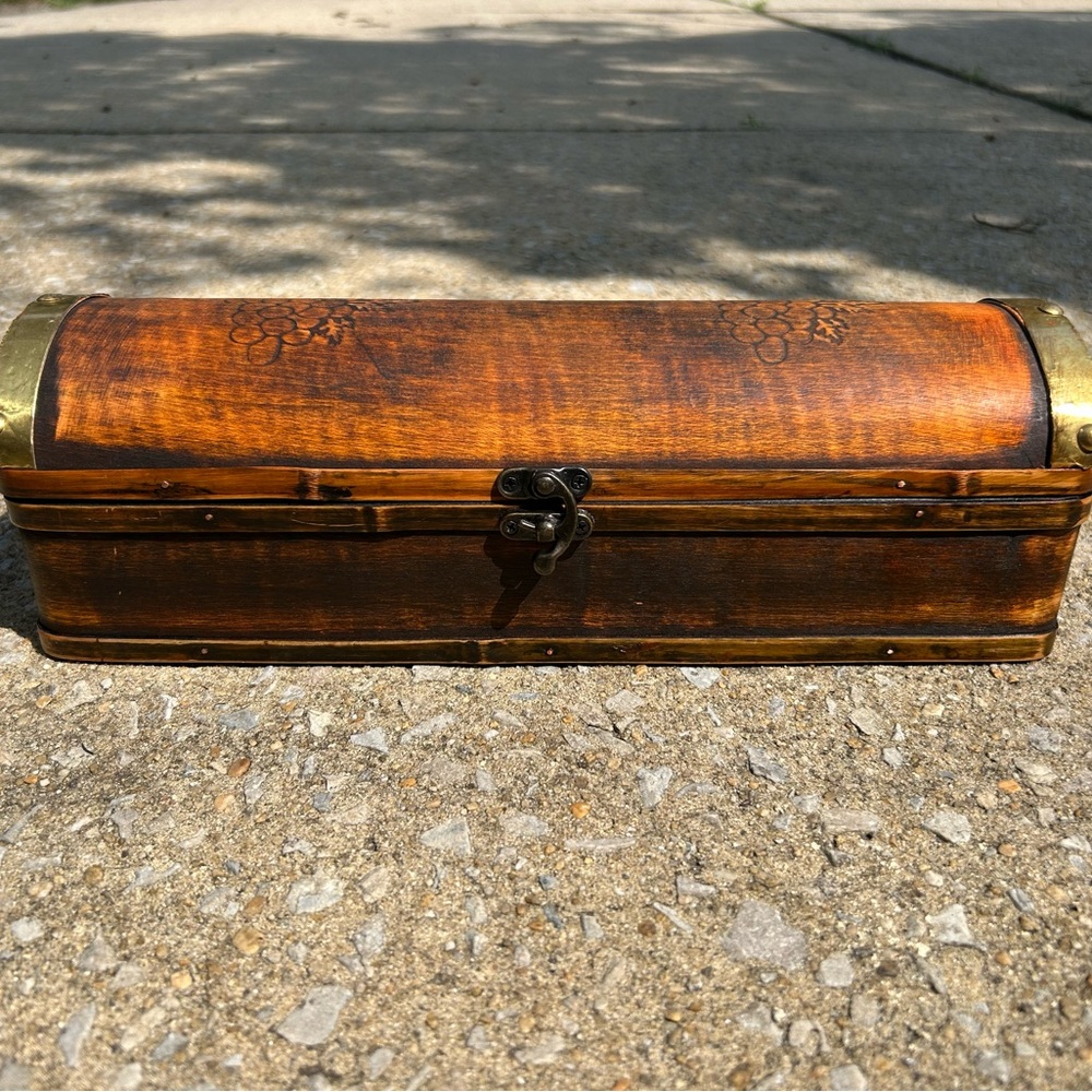 Vintage Wooden Wine Box with Brass Accents